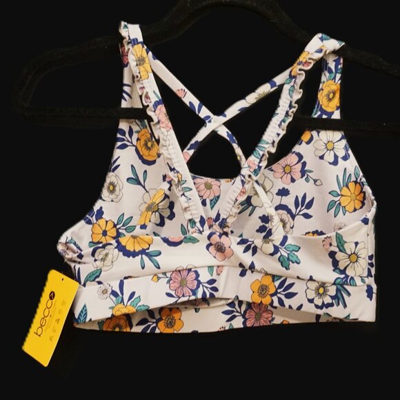 Becco Lilac Floral Sports Bra Criss Cross Ruffle Straps Size Small - Picture 4 of 5